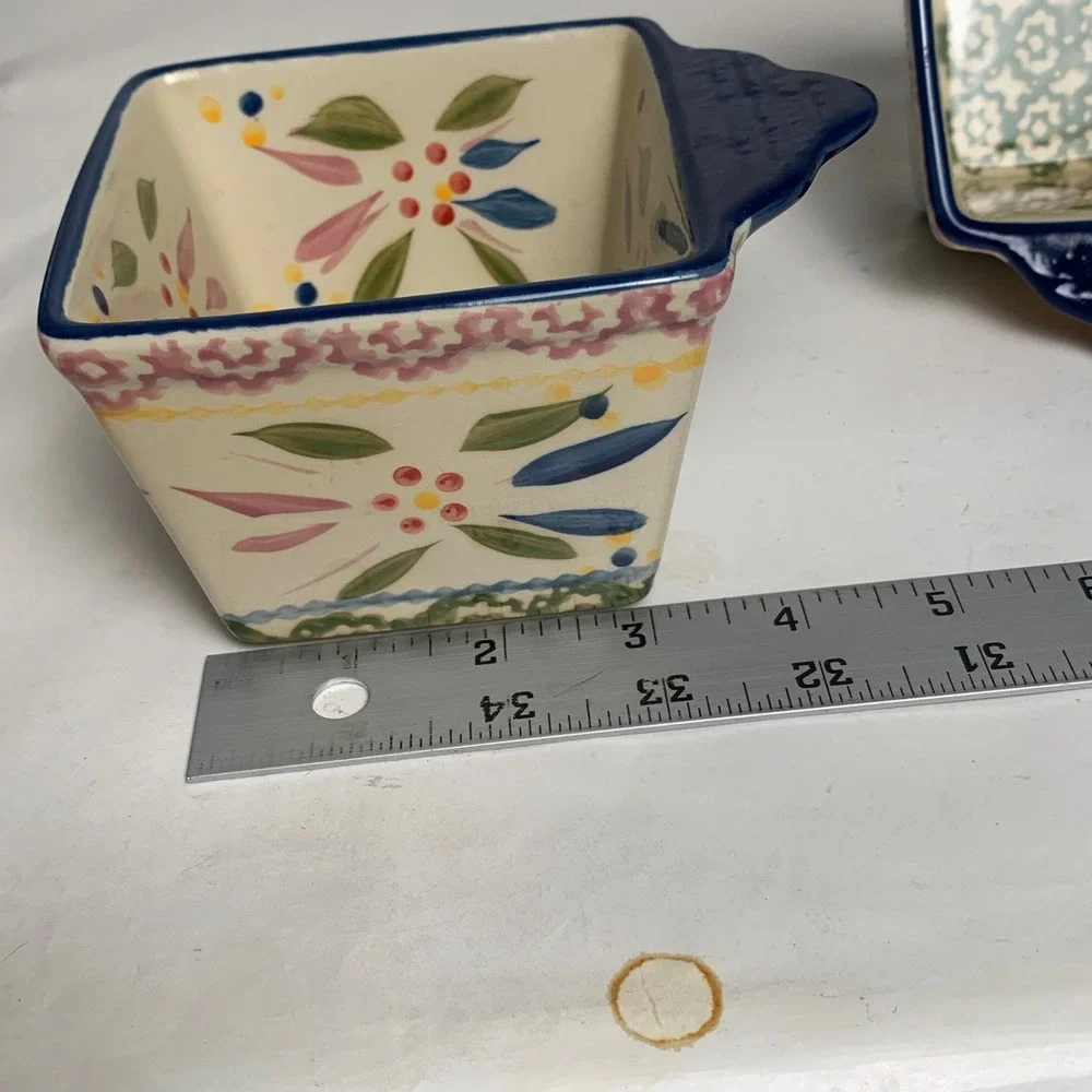 Temp-tations Ramekin Set 3 Old World Floral Square 10oz Ceramic Blue EUC